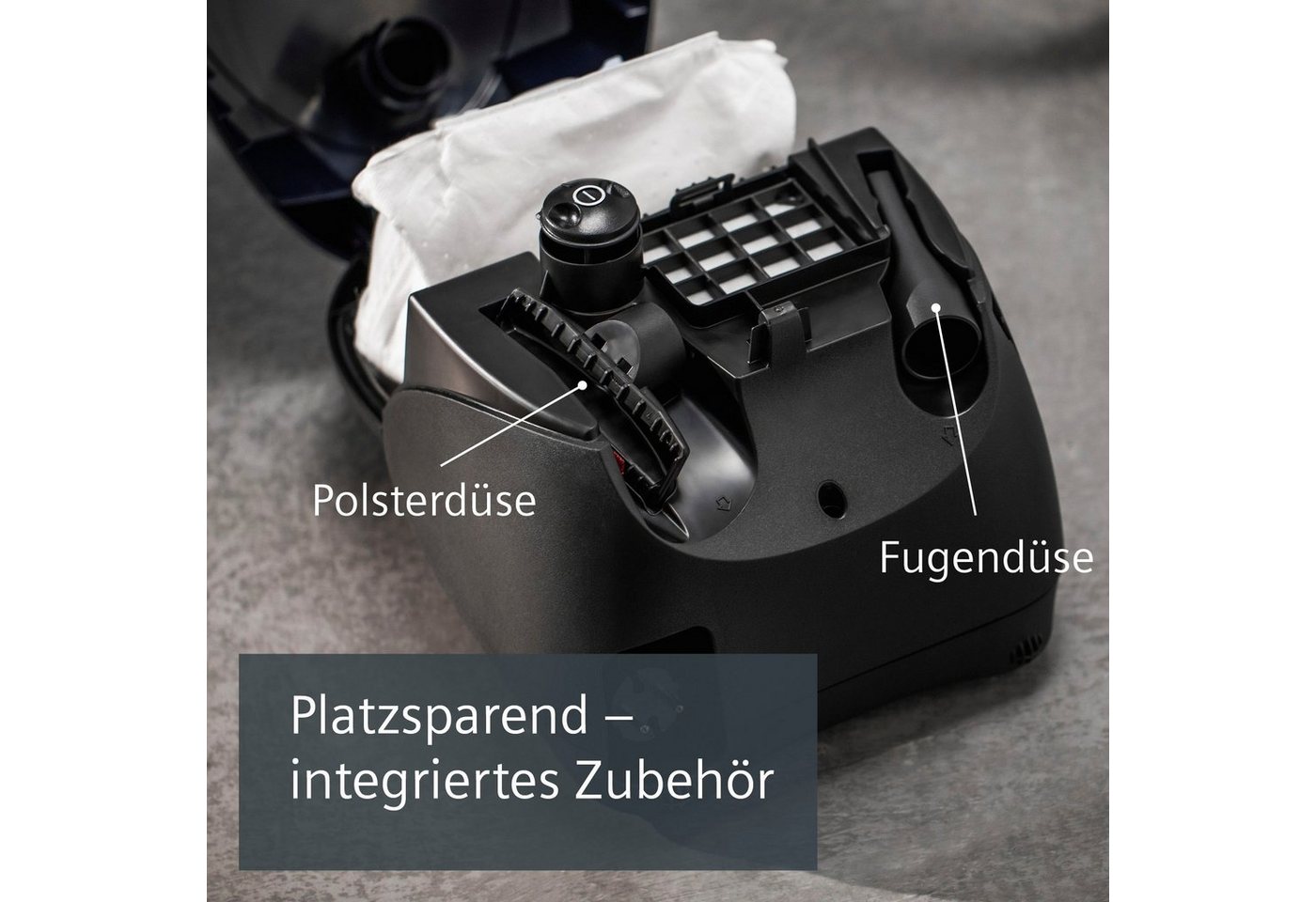 SIEMENS Bodenstaubsauger synchropower VS06A111, Made in Germany, Hygiene-Filter, kompakt, 600 W, mit Beutel, für Hartboden/Teppich, hohe Saugkraft, integriertes – Bild 4 von 5