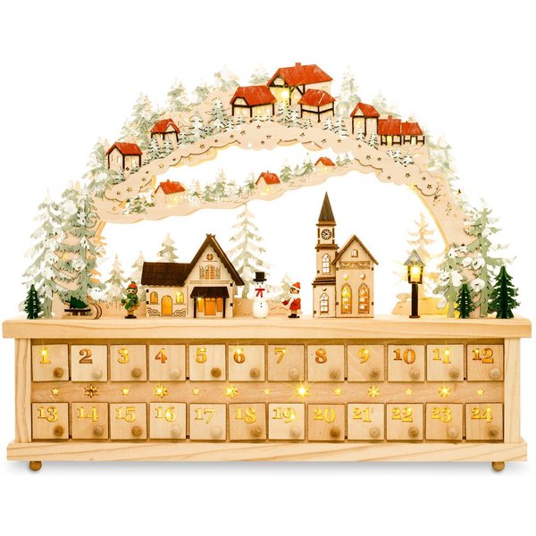 SIKORA Schwibbogen LB80 Winterdorf Adventskalender XXL LED und 24 Schubkästchen