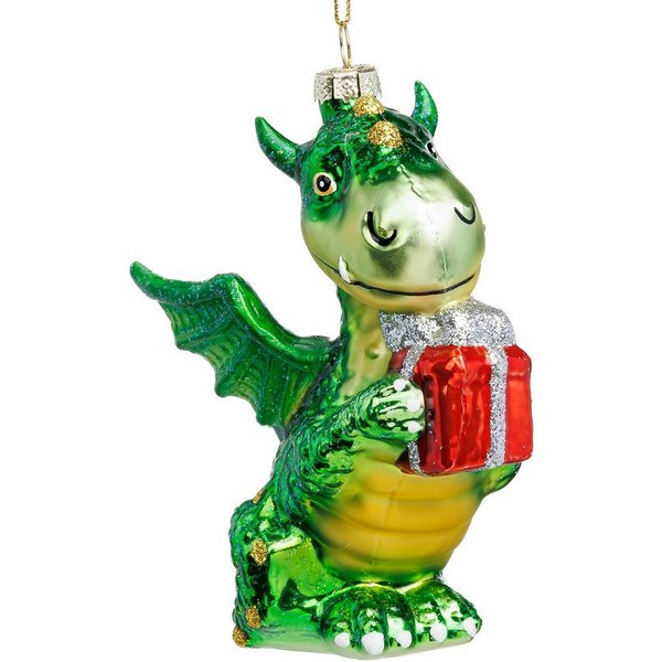 SIKORA Weihnachtsbaumkugel Drache mit Geschenk besondere Weihnachtskugel Glas Anhänger – BS057, Premium Christbaumschmuck Deko - traditionell & außergewöhnlich