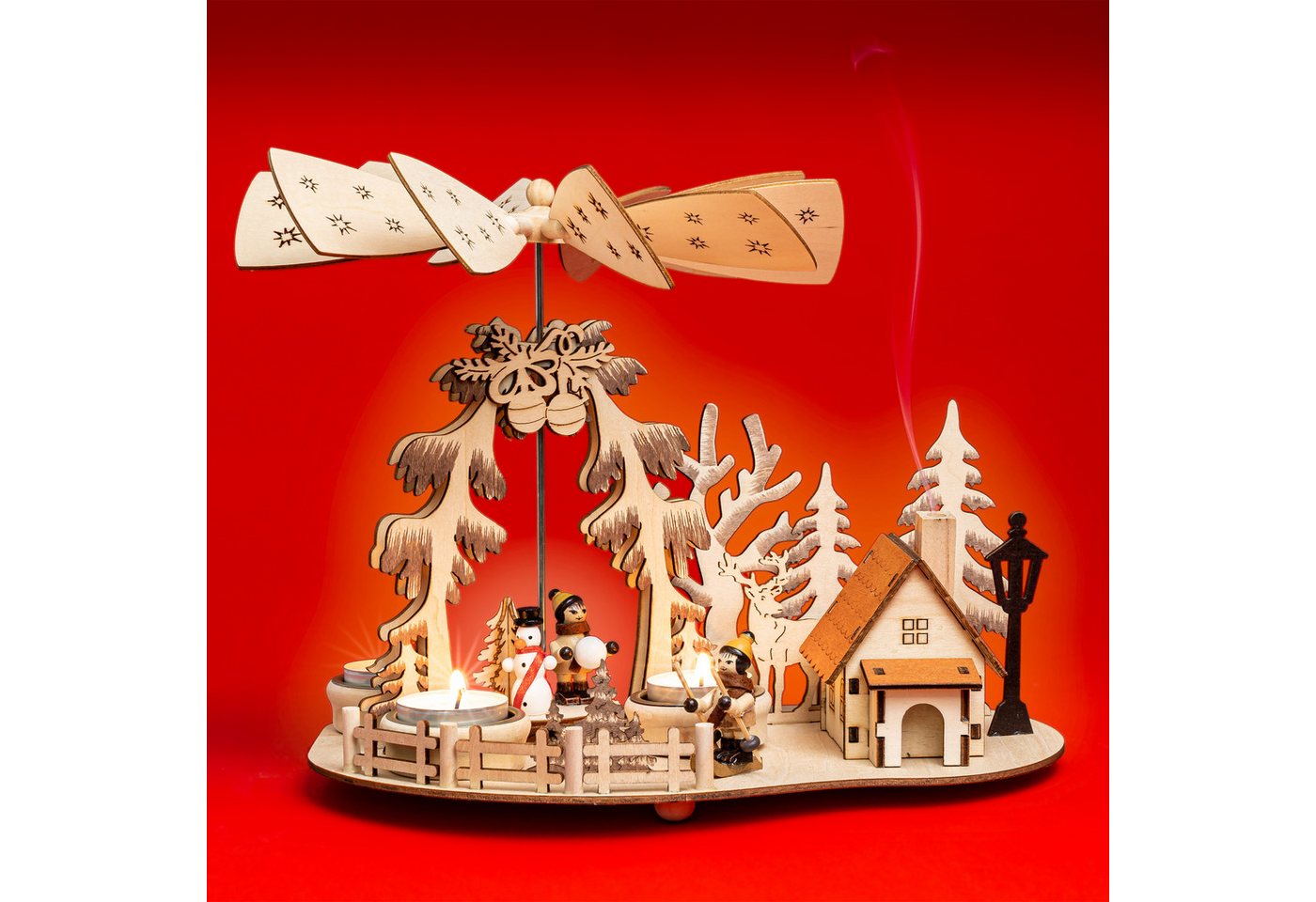 SIKORA Weihnachtspyramide P35e 2-in-1 Pyramide Räuchermännchen mit rauchender Hütte H:23cm – Bild 2 von 5