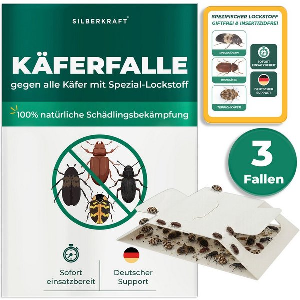 Silberkraft Insektenfalle Käferfalle gegen diverse Käfer – Universal-Klebefalle mit Lockstoff, Extrastarke Klebefläche, einfache Anwendung