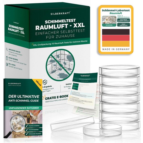 Silberkraft Schimmeltest Raumluft XXL – 10x Schimmel Selbsttest für Zuhause Schimmelentferner (Set, [1-St. Umfassende Analyse für dein Zuhause, 10 Petrischalen,