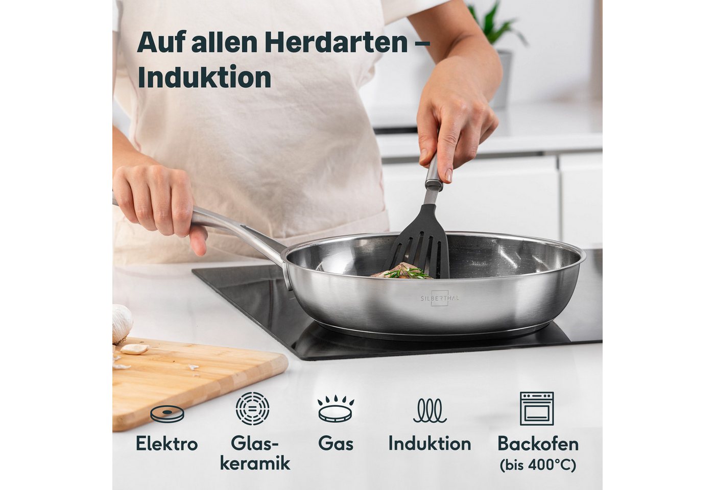 SILBERTHAL Bratpfanne 2er Set, Edelstahlpfanne Unbeschichtet Induktion, Edelstahl (2-tlg), für Röstaromen, spülmaschinenfest, backofenfest bis 400°C – Bild 2 von 5