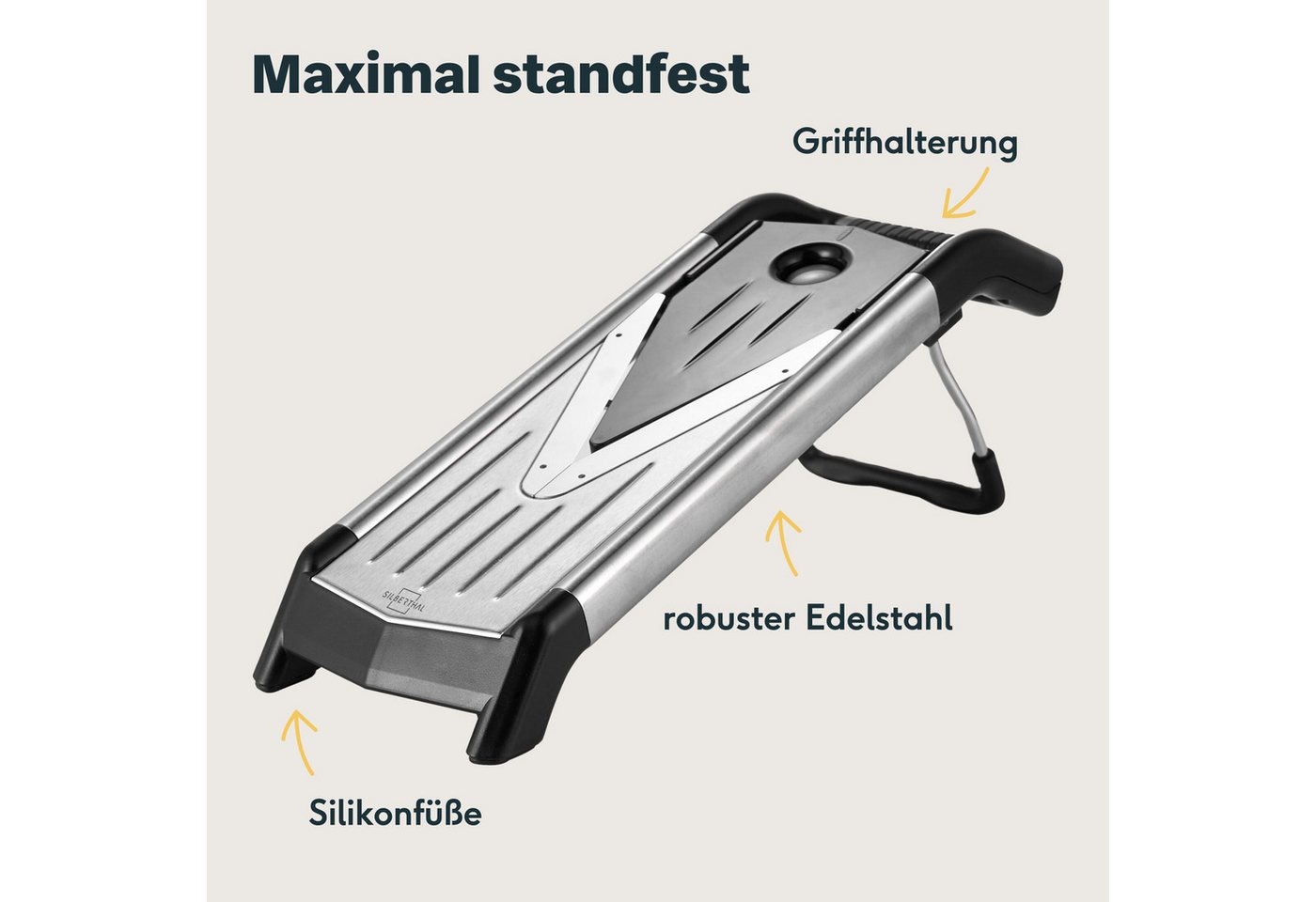 SILBERTHAL Gemüsehobel V-Hobel mit Einsätzen, extra scharfe Klingen, Edelstahl, Kunststoff, mit Sicherheitshandschuh, Klingenaufbewahrung – Bild 5 von 5