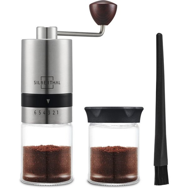 SILBERTHAL Kaffeemühle Manuell Edelstahl, Kegelmahlwerk, 17,00 g Bohnenbehälter, Handmühle aus Edelstahl mit Ersatzglas und Reinigungspinsel