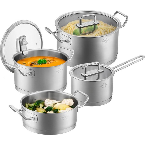 SILBERTHAL Kochtopf 4er Set mit Deckel, Edelstahltopf Induktionsgeeignet, Edelstahl (4er Set, 4-tlg), spülmaschinenfest, rostfrei, induktionsgeeignet