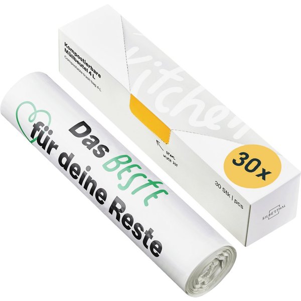 SILBERTHAL Müllbeutel Bio Komposttüten 30 Stück à 4 Liter, Zubehör für Kompost & Biomüll, Komposteimer von SILBERTHAL, Reißfest, Wasserdicht, aus Maisstärke