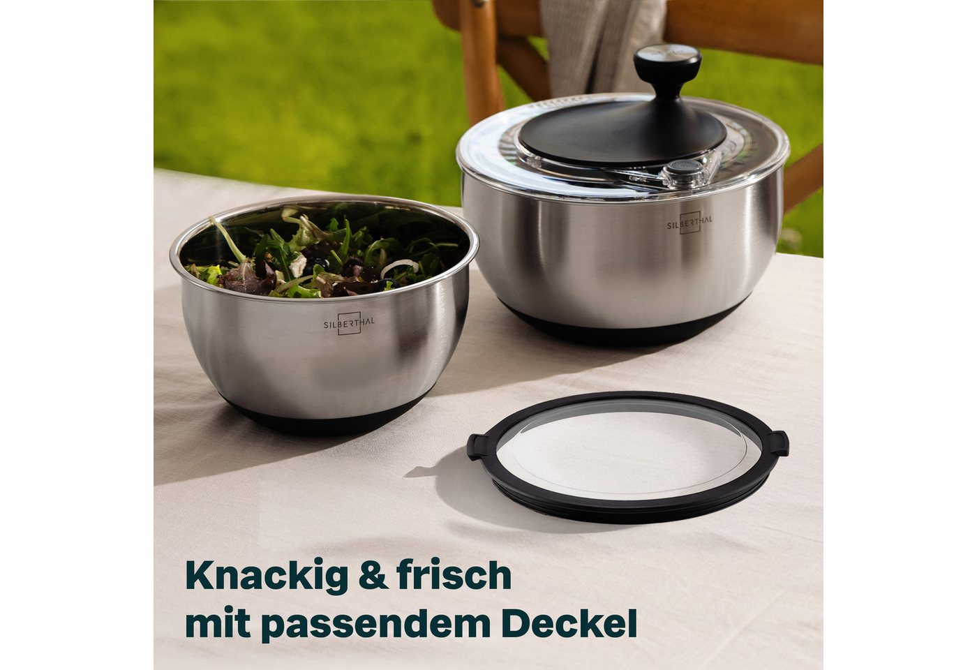 SILBERTHAL Salatschleuder Set Edelstahl mit Deckel, (3er Set, 3-tlg), Spülmaschinenfest, zum Servieren & Aufbewahren – Bild 2 von 5