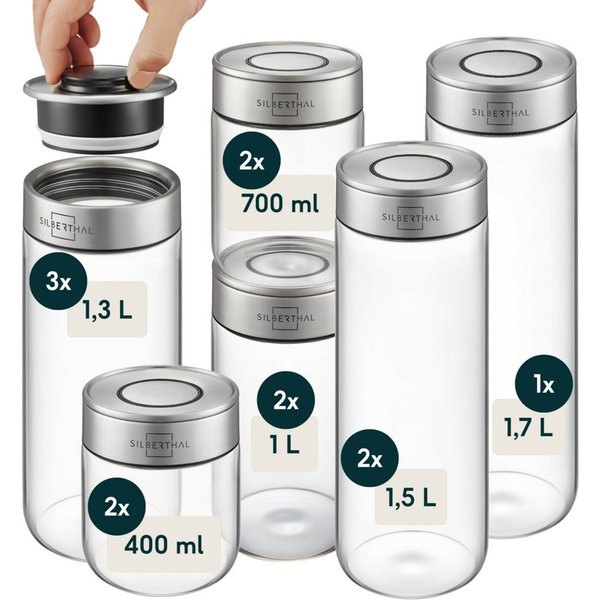 SILBERTHAL Vorratsglas 12 Set, Vorratsdosen mit Klickdeckel, Glas, Edelstahl, (12er Set Mix, 12-tlg), Luftdicht & Mottensicher