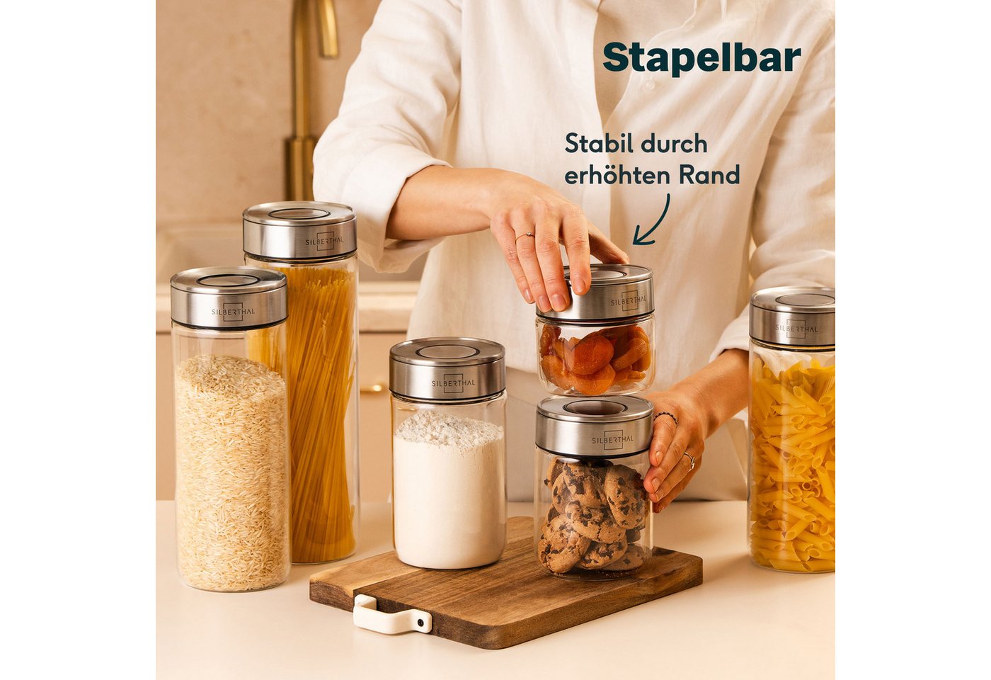 SILBERTHAL Vorratsglas 700 ml, Vorratsdose mit Klickdeckel, Glas, Edelstahl, (Einzeln, 1-tlg), Luftdicht & Mottensicher – Bild 4 von 5