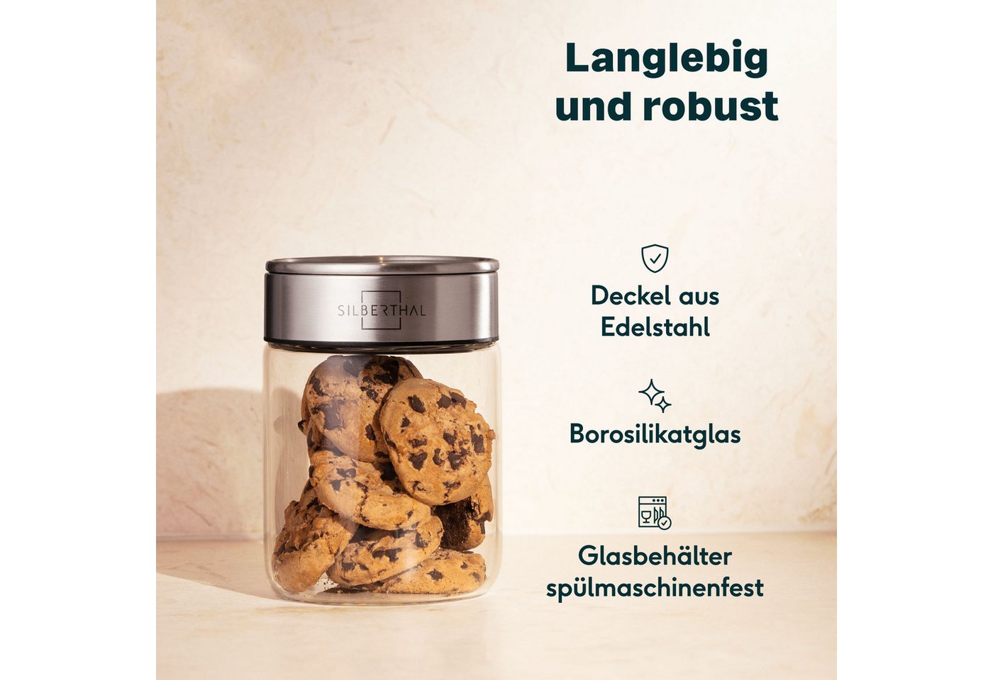 SILBERTHAL Vorratsglas 700 ml, Vorratsdose mit Klickdeckel, Glas, Edelstahl, (Einzeln, 1-tlg), Luftdicht & Mottensicher – Bild 5 von 5