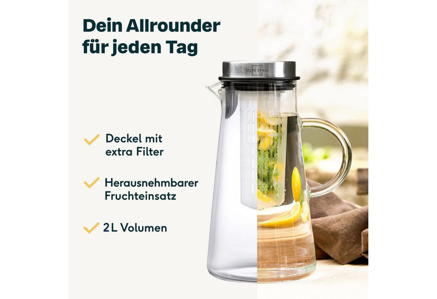 SILBERTHAL Wasserkaraffe aus Glas mit Deckel, (1-tlg), für Kalt- & Heißgetränke – Bild 3 von 5