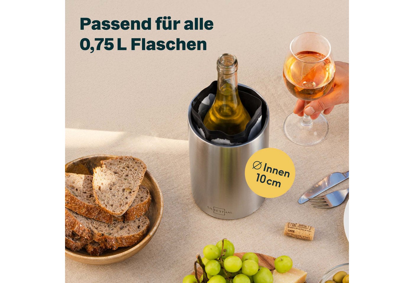 SILBERTHAL Weinkühler aus Edelstahl, inkl. 2 Kühlmanschetten, idealer Wein-& Sektkühler – Bild 4 von 5