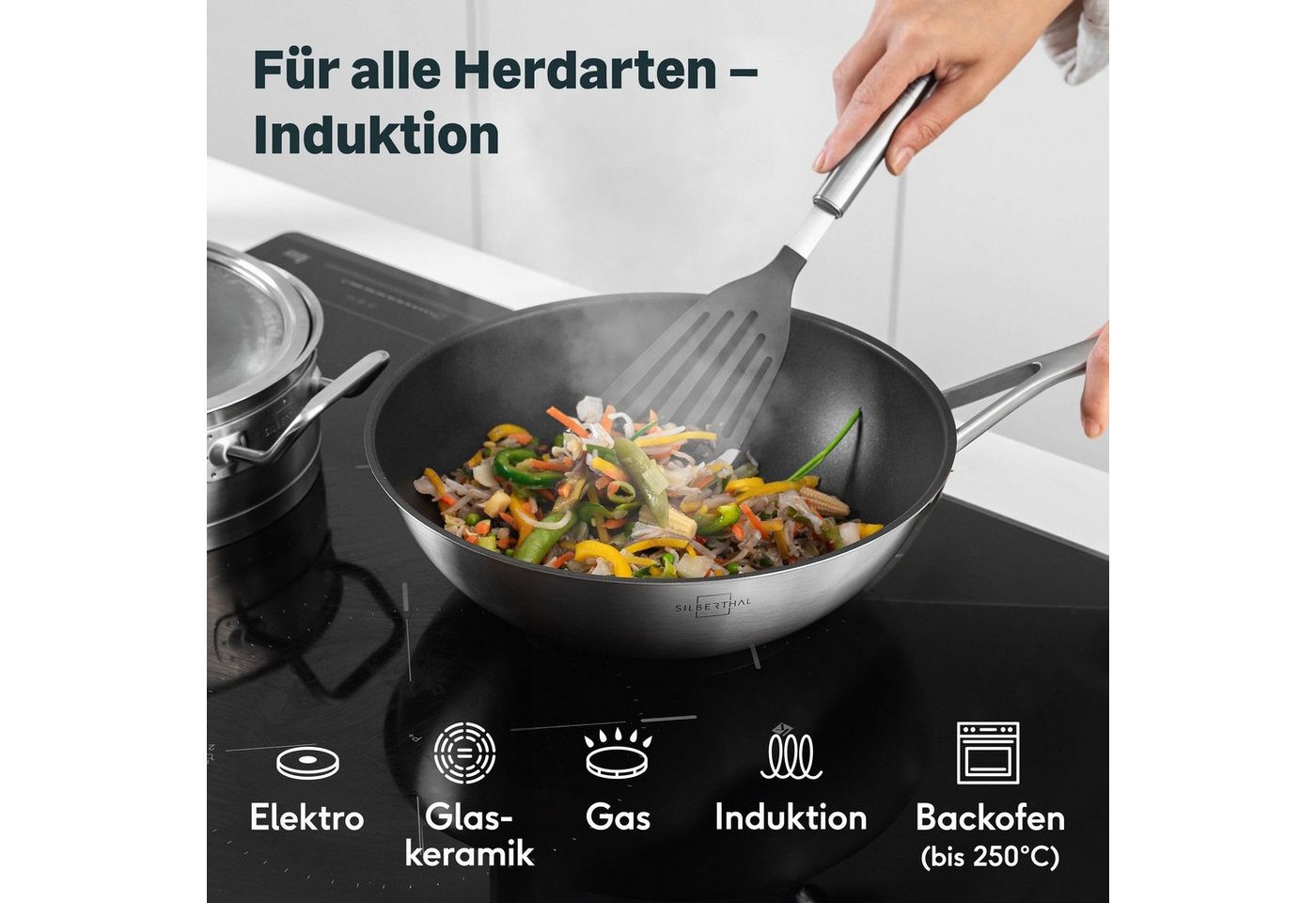 SILBERTHAL Wok Pfanne 28 cm Induktion, Edelstahl, spülmaschinengeeignet – Bild 2 von 5