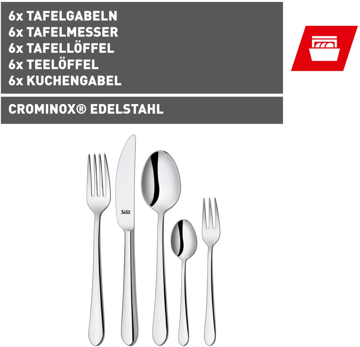 Silit Besteck-Set Midi (30-tlg), 6 Personen, Edelstahl 18/10, Solide Monobloc Tafelmesser, poliert – Bild 2 von 4