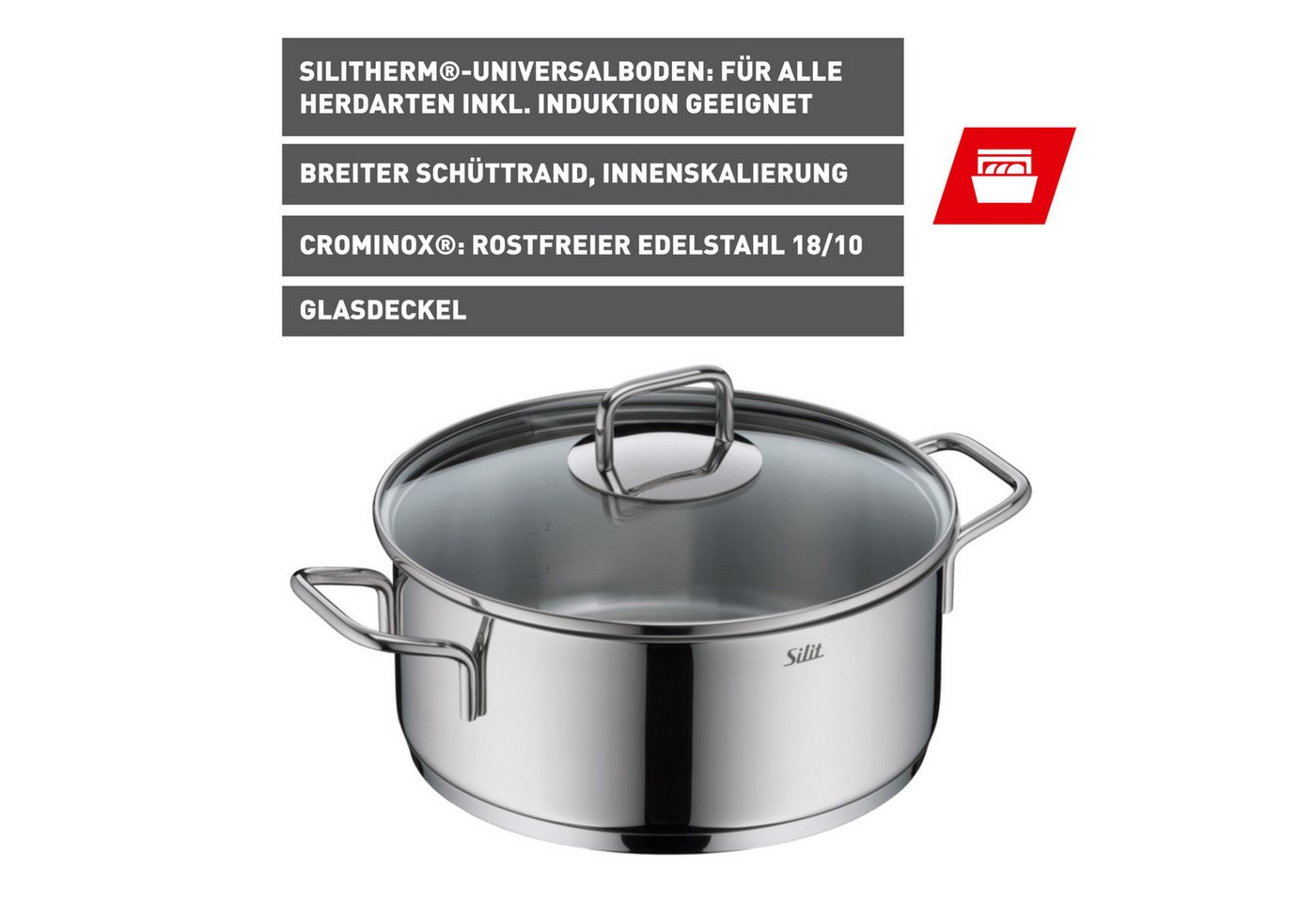 Silit Bratentopf Extra Cook, mit Glasdeckel, Edelstahl 18/10 (2-tlg), SiliTherm Universalboden, induktionsgeeignet, spülmaschinengeeignet – Bild 2 von 5