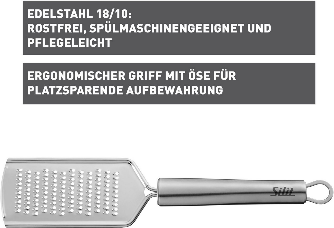 Silit Käsereibe Classic Line, Edelstahl 18/10, (1-St), hochwertig und ergonomisch, Aufhängeöse, scharfe Reibefläche – Bild 4 von 4