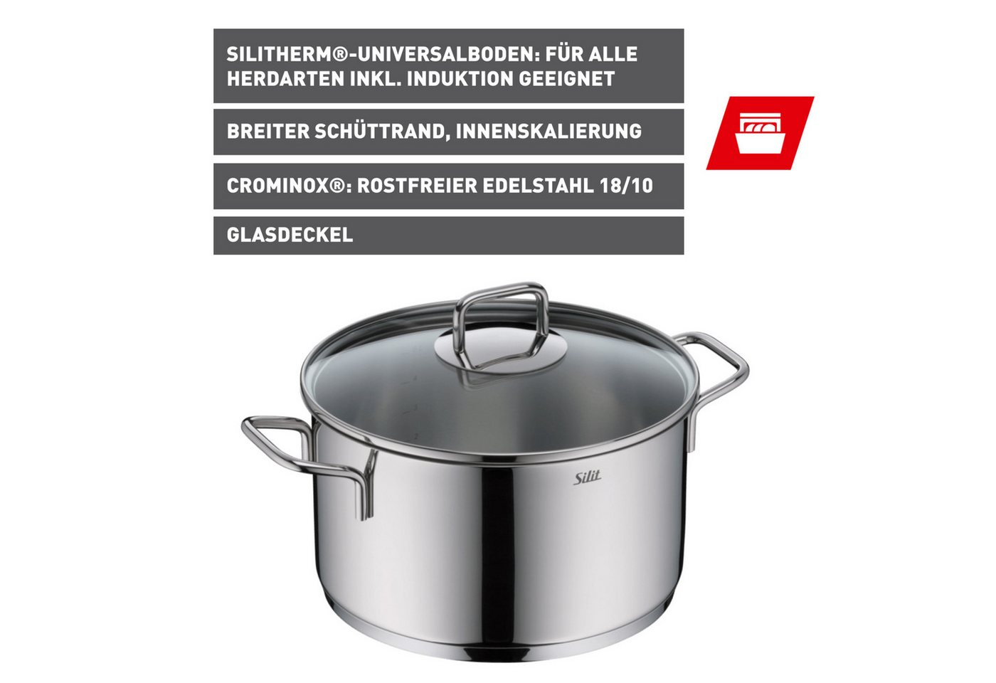 Silit Kochtopf Extra Cook, mit Glasdeckel, Edelstahl 18/10 (2-tlg), SiliTherm Universalboden, induktionsgeeignet, spülmaschinengeeignet – Bild 2 von 5
