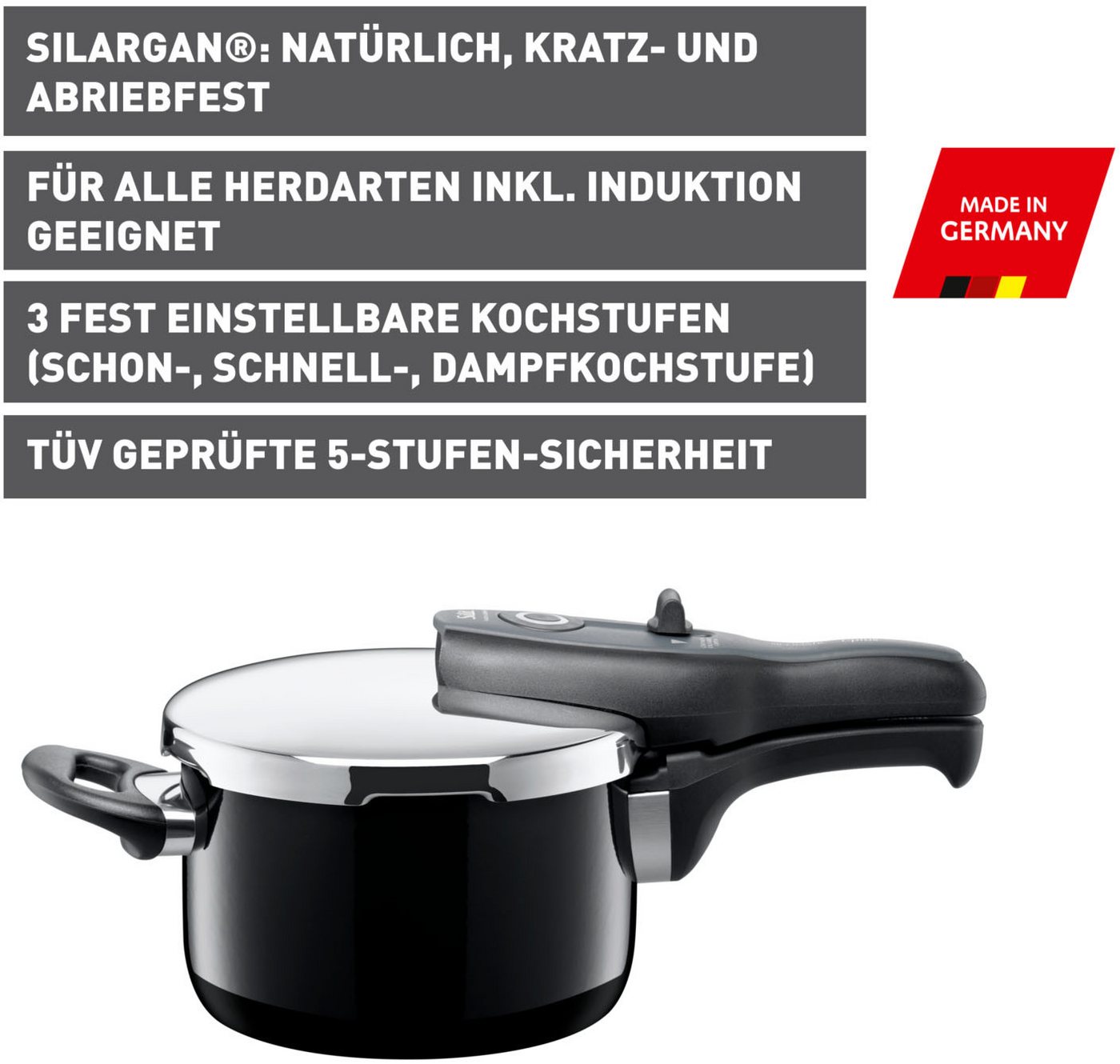 Silit Schnellkochtopf SICOMATIC T-PLUS, Induktionstopf spülmaschinengeeignet, Silargan®, für alle gängigen Herdarten geeignet, 3 Kochstufen, Made in Germany – Bild 2 von 5