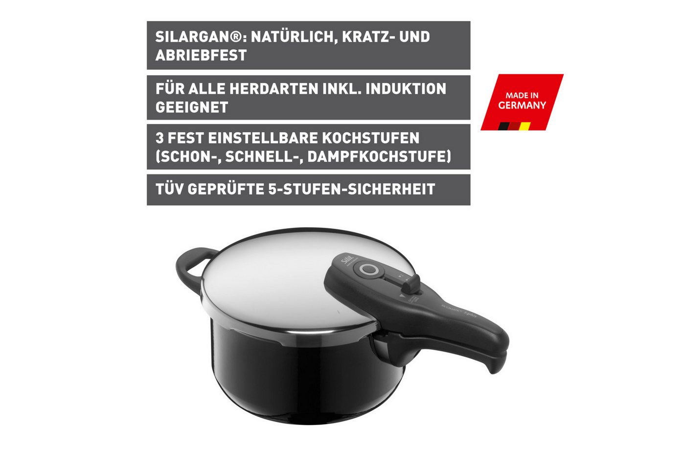 Silit Schnellkochtopf SICOMATIC T-PLUS, Dampfkochtopf Induktion, Silargan®, 3 Kochstufen, für alle Herdarten geeignet, Made in Germany – Bild 2 von 5