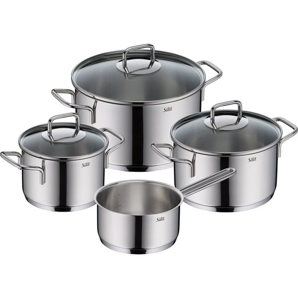 Silit Topf-Set Extra Cook Induktion, Kochgeschirr-Set mit Glasdeckel, Innenskalierung, Edelstahl 18/10 (Set, 7-tlg., 3x Kochtöpfe 16/20/24 cm mit Deckel, 1x Sti