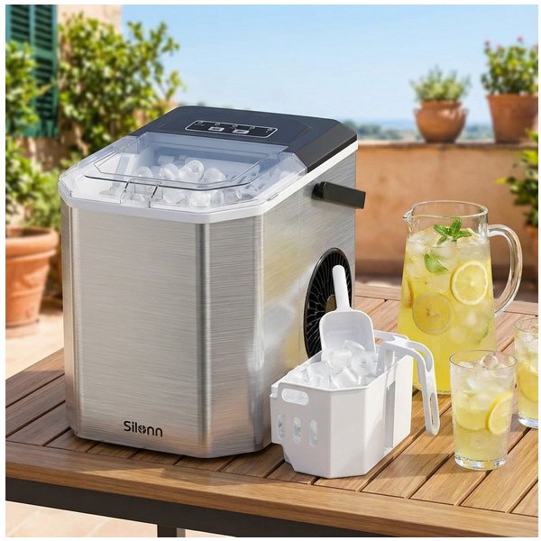 Silonn Eiswürfelmaschine 9 Würfel in 6 Min, 12 kg/Tag, 2 Eisgrößen, Eiswürfelbereiter, Tragbar, Selbstreinigend, Energiesparend, ≤ 45 dB - Für Haushalt, Camping