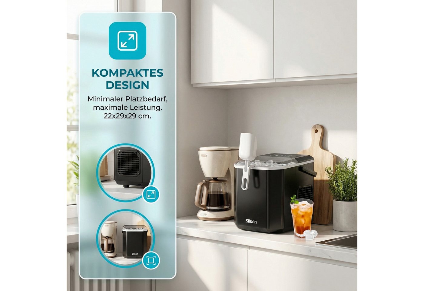 Silonn Eiswürfelmaschine Eiswürfelbereiter kompakt, 2 Eisgrößen, Selbstreinigung, tragbar, 12 kg/Tag, selbstreinigend, ≤ 35 dB – Bild 2 von 5