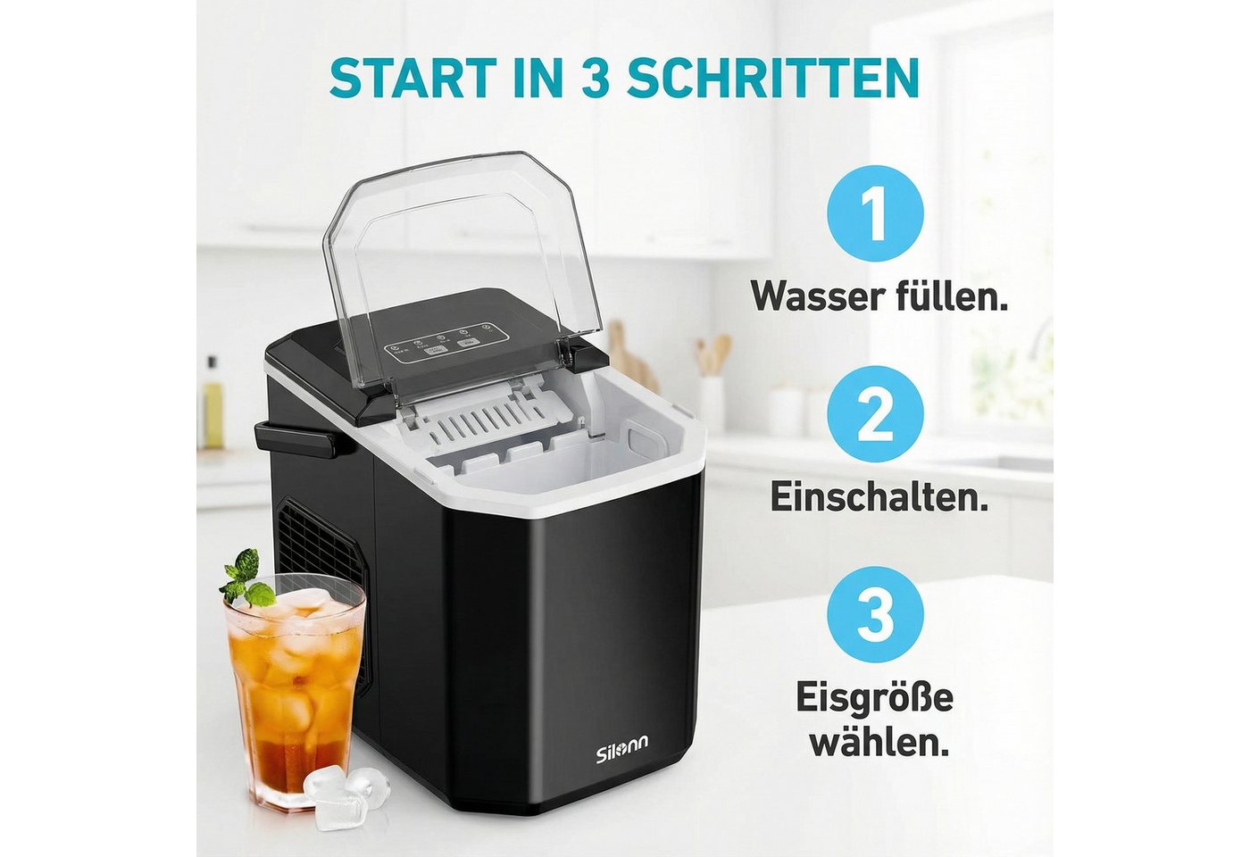 Silonn Eiswürfelmaschine Eiswürfelbereiter kompakt, 2 Eisgrößen, Selbstreinigung, tragbar, 12 kg/Tag, selbstreinigend, ≤ 35 dB – Bild 3 von 5