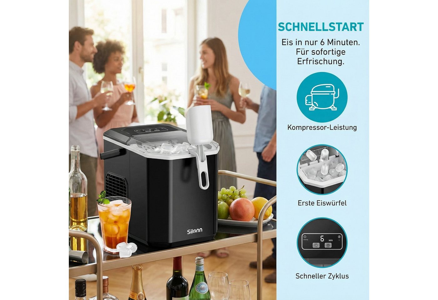 Silonn Eiswürfelmaschine Eiswürfelbereiter kompakt, 2 Eisgrößen, Selbstreinigung, tragbar, 12 kg/Tag, selbstreinigend, ≤ 35 dB – Bild 4 von 5