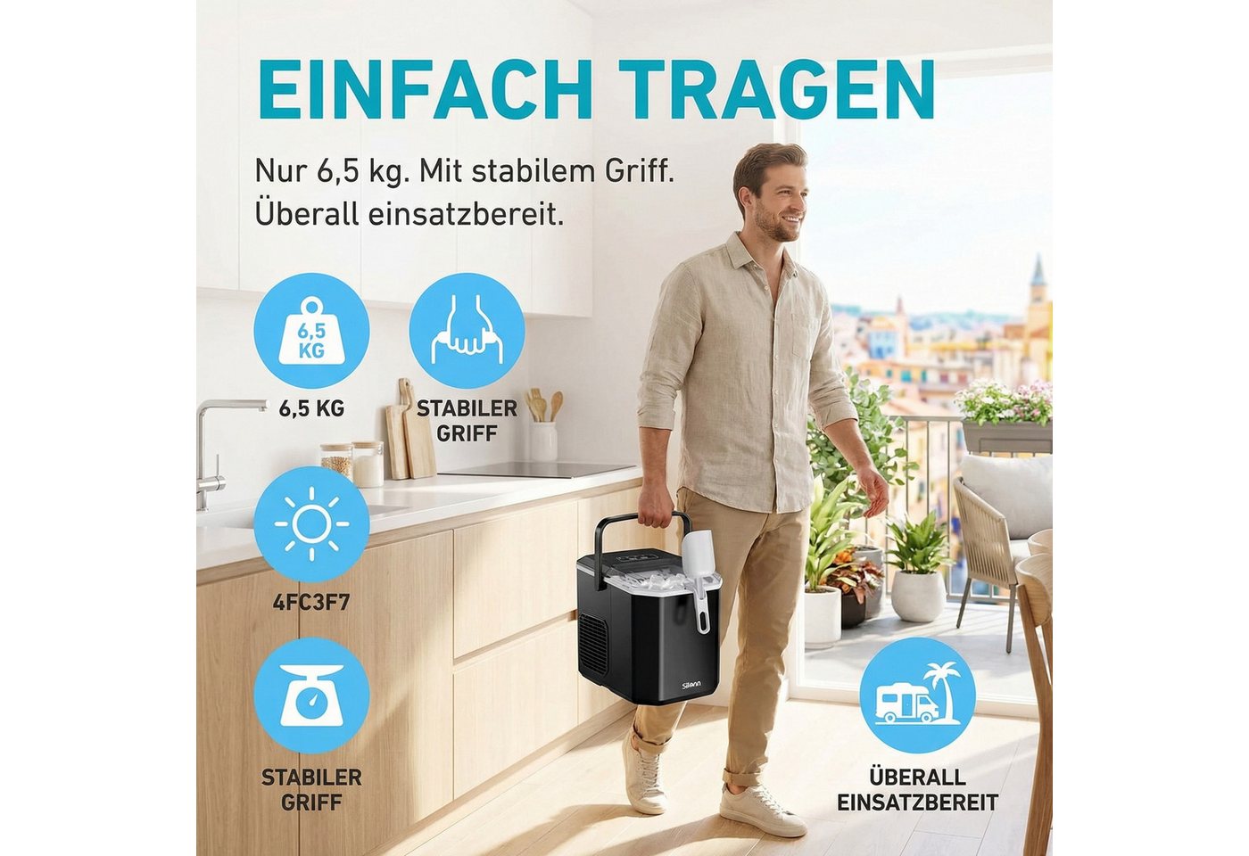 Silonn Eiswürfelmaschine Eiswürfelbereiter kompakt, 2 Eisgrößen, Selbstreinigung, tragbar, 12 kg/Tag, selbstreinigend, ≤ 35 dB – Bild 5 von 5