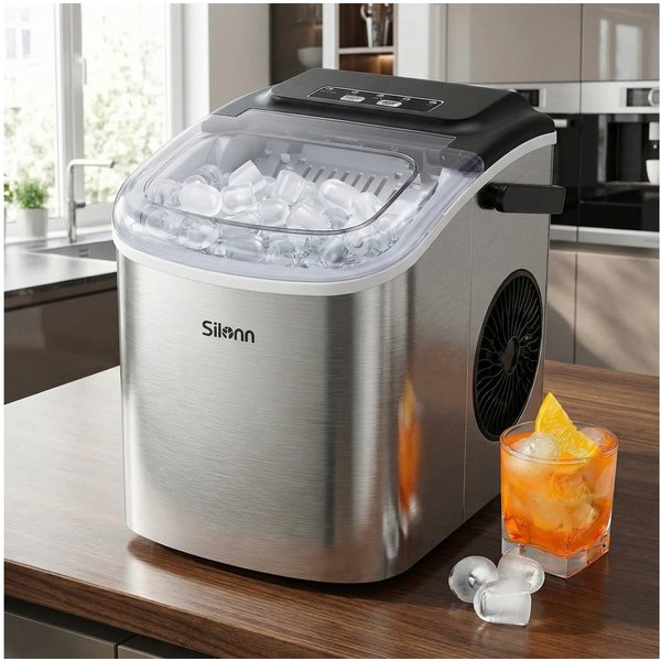 Silonn Eiswürfelmaschine Eiswürfelmaschine kompakt, 2 Eisgrößen, Selbstreinigung, tragbar, 6-minütige Eisherstellung