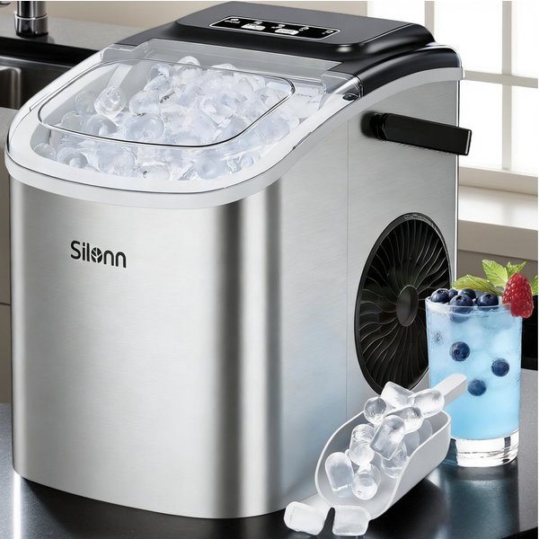 Silonn Eiswürfelmaschine Tragbar Eiswürfelbereiter – 6-minütige Eisherstellung, 2 Eisgrößen, 12kg/Tag, Selbstreinigend, LED-Anzeige – Für Haushalt, Camping & Pa