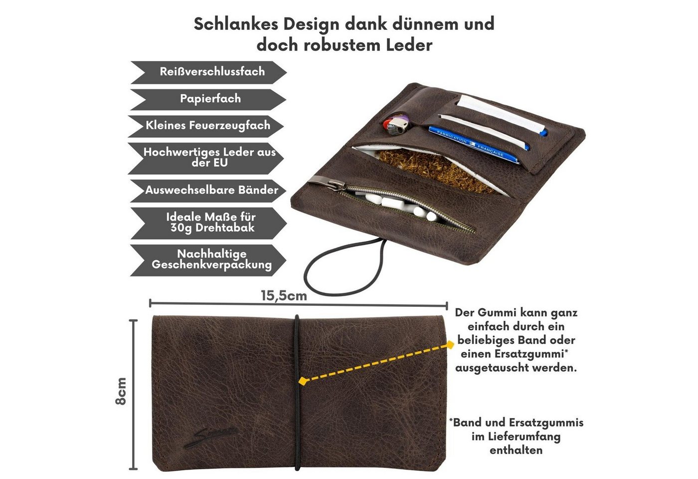 Simaru Tabakbeutel Tabaktasche Drehertasche Sintra, feinstes echt Leder, austauschbare Gummis, für 30g Tabak, Made in EU – Bild 2 von 5