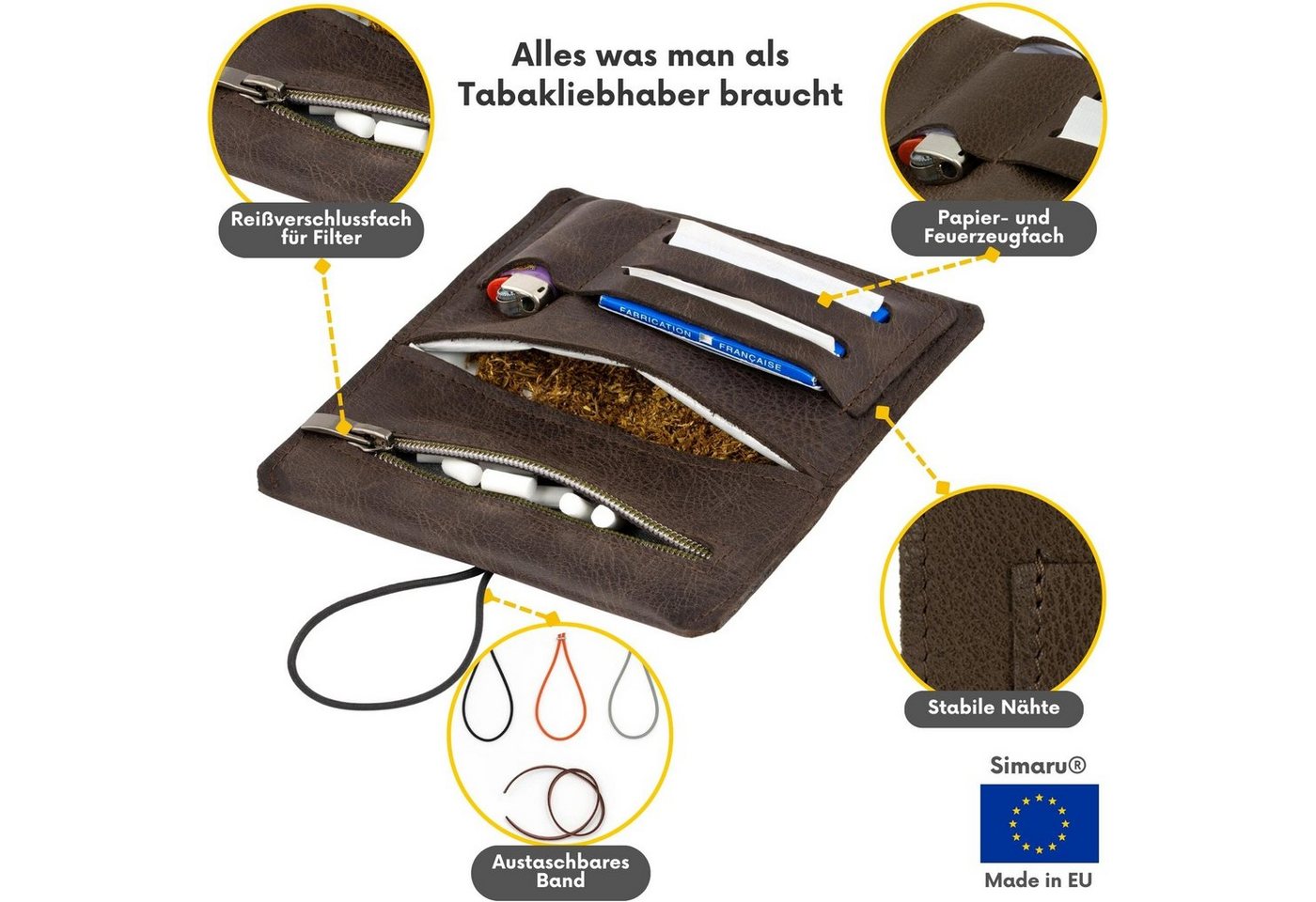 Simaru Tabakbeutel Tabaktasche Drehertasche Sintra, feinstes echt Leder, austauschbare Gummis, für 30g Tabak, Made in EU – Bild 5 von 5