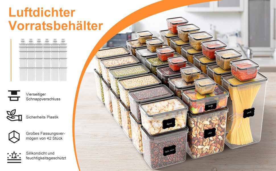 Simloveve Vorratsdose, (42 Stück Vorratsdosen Set, BPA-frei, 42-tlg., Plastik Aufbewahrungsbox mit Deckel Luftdicht), 2800ml, 2000ml, 1400ml, 800ml, Küche Aufbe – Bild 2 von 5