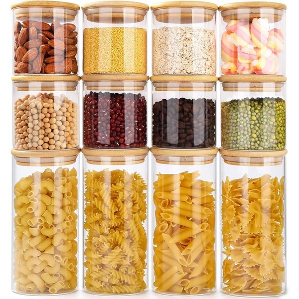 Simloveve Vorratsglas Vorratsgläser mit Deckel, 12er Set Vorratsdosen Glas, (12-tlg), mit Bambusdeckel, für Kaffeebohnen, Nüsse, Nudeln & Pasta