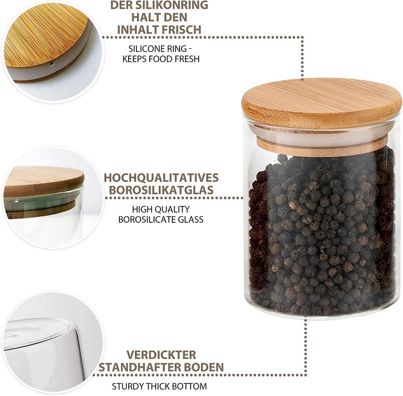 Simloveve Vorratsglas Vorratsgläser mit Deckel, 12er Set Vorratsdosen Glas, (12-tlg), mit Bambusdeckel, für Kaffeebohnen, Nüsse, Nudeln & Pasta – Bild 2 von 5