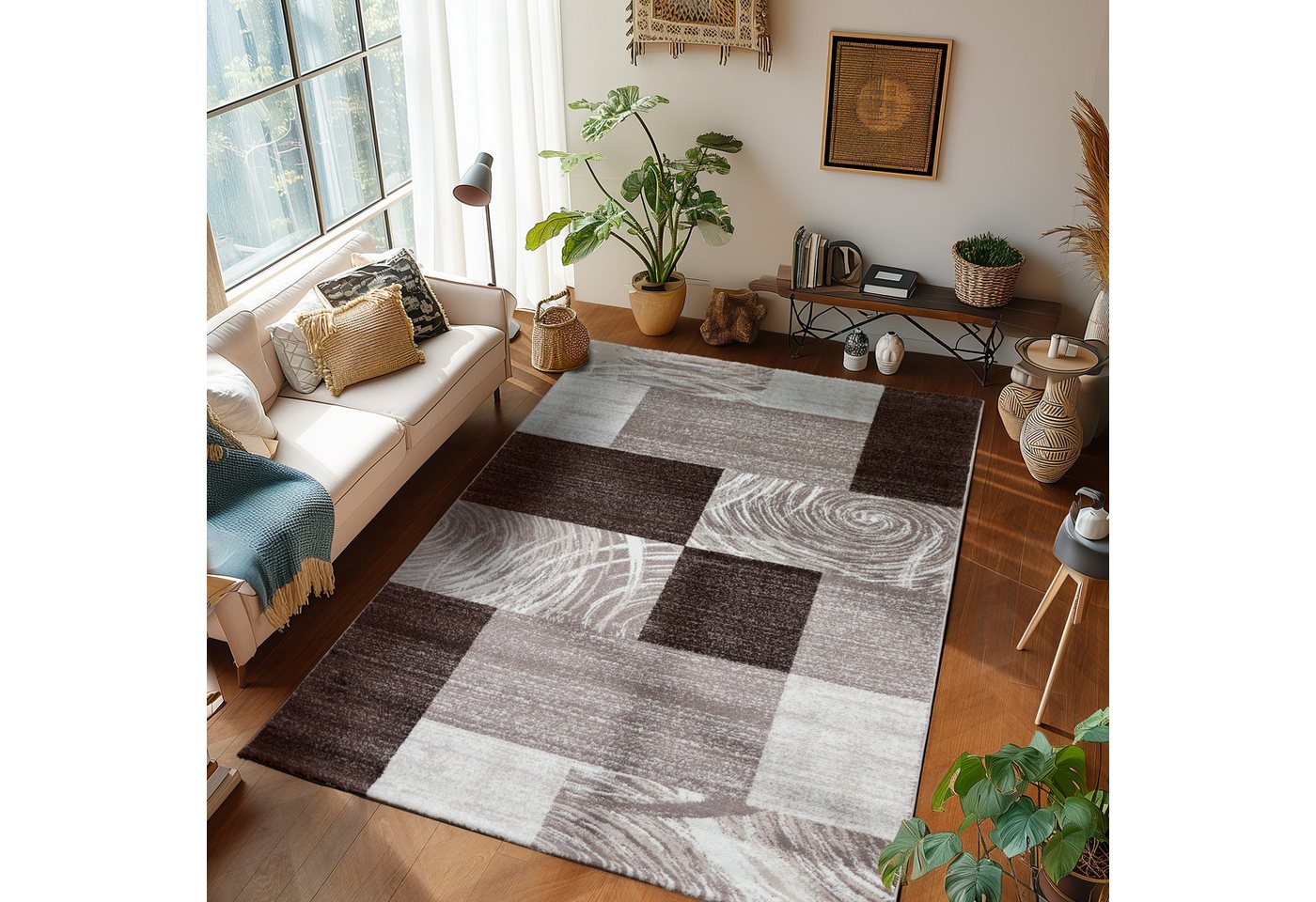 SIMPEX24 Designteppich Abstrakt Kariert Design, Läufer, Höhe: 12 mm, Modern Kurzflor Teppich Wohnzimmer Kariert Design Verschidene Größen – Bild 2 von 5