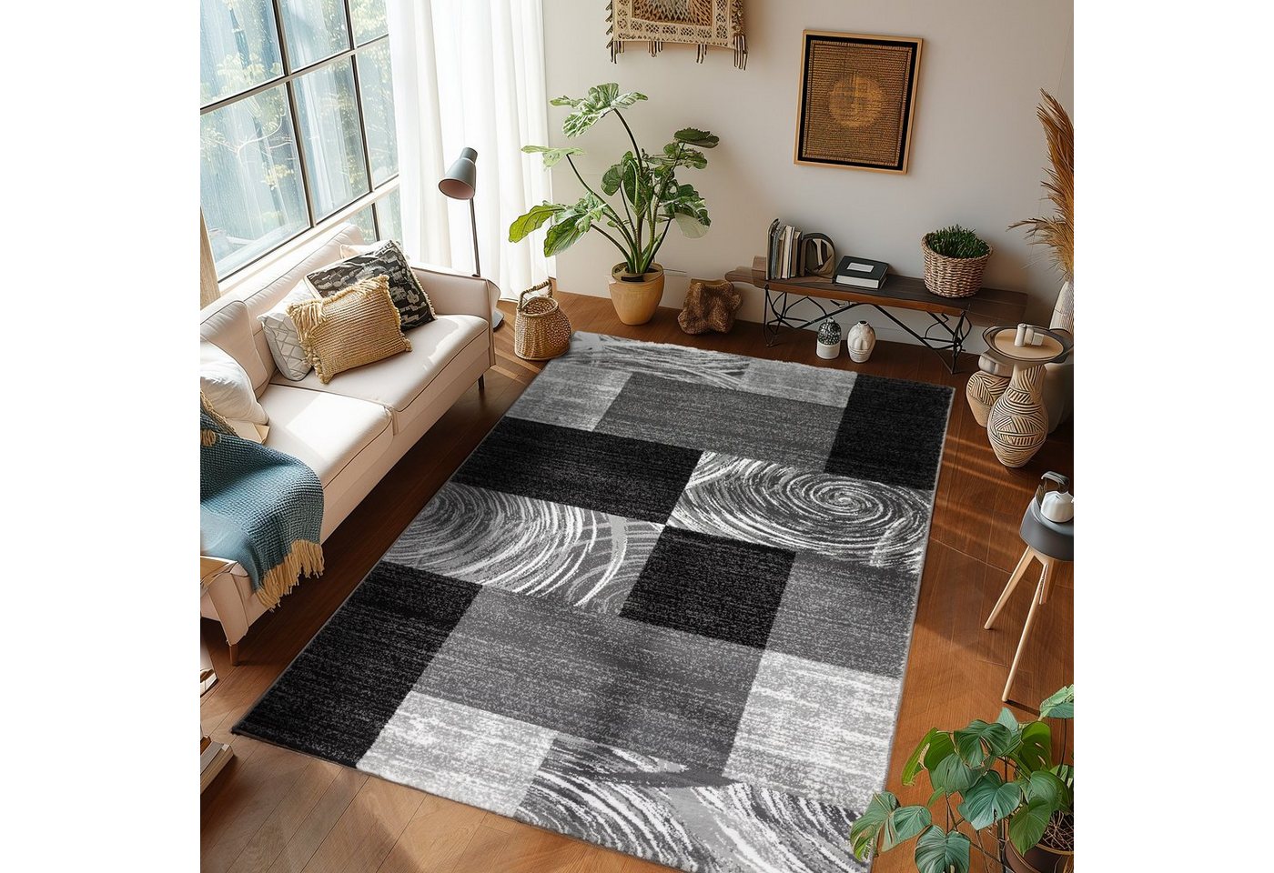 SIMPEX24 Designteppich Abstrakt Kariert Design, Läufer, Höhe: 12 mm, Modern Kurzflor Teppich Wohnzimmer Kariert Design Verschidene Größen – Bild 2 von 5