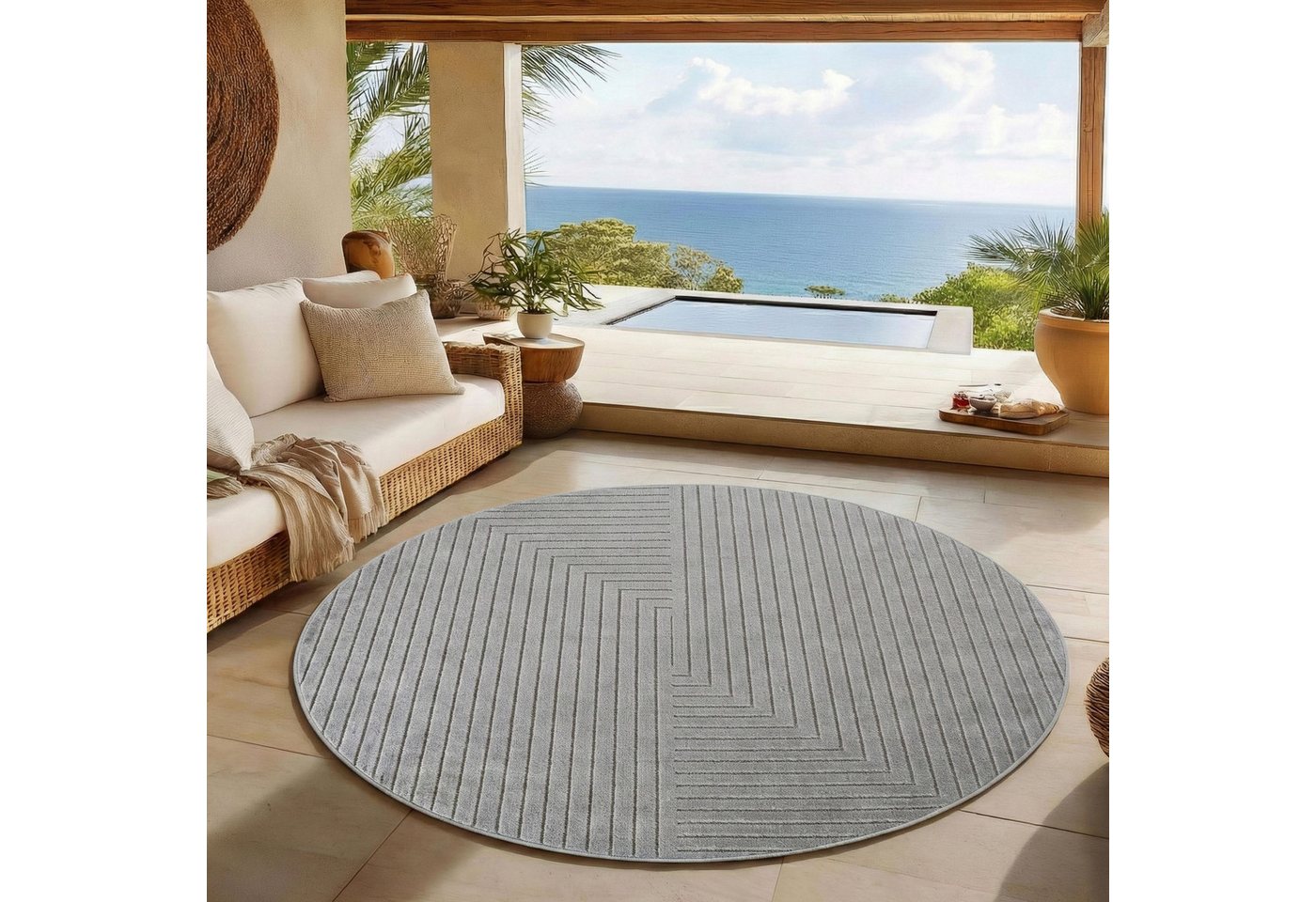 SIMPEX24 Outdoorteppich Skandinavischer 3D Design, Rund, Höhe: 5 mm, Outdoor Teppich Wetterfest Modern Wohnzimmer Küchen Terrasse Balkon – Bild 3 von 5