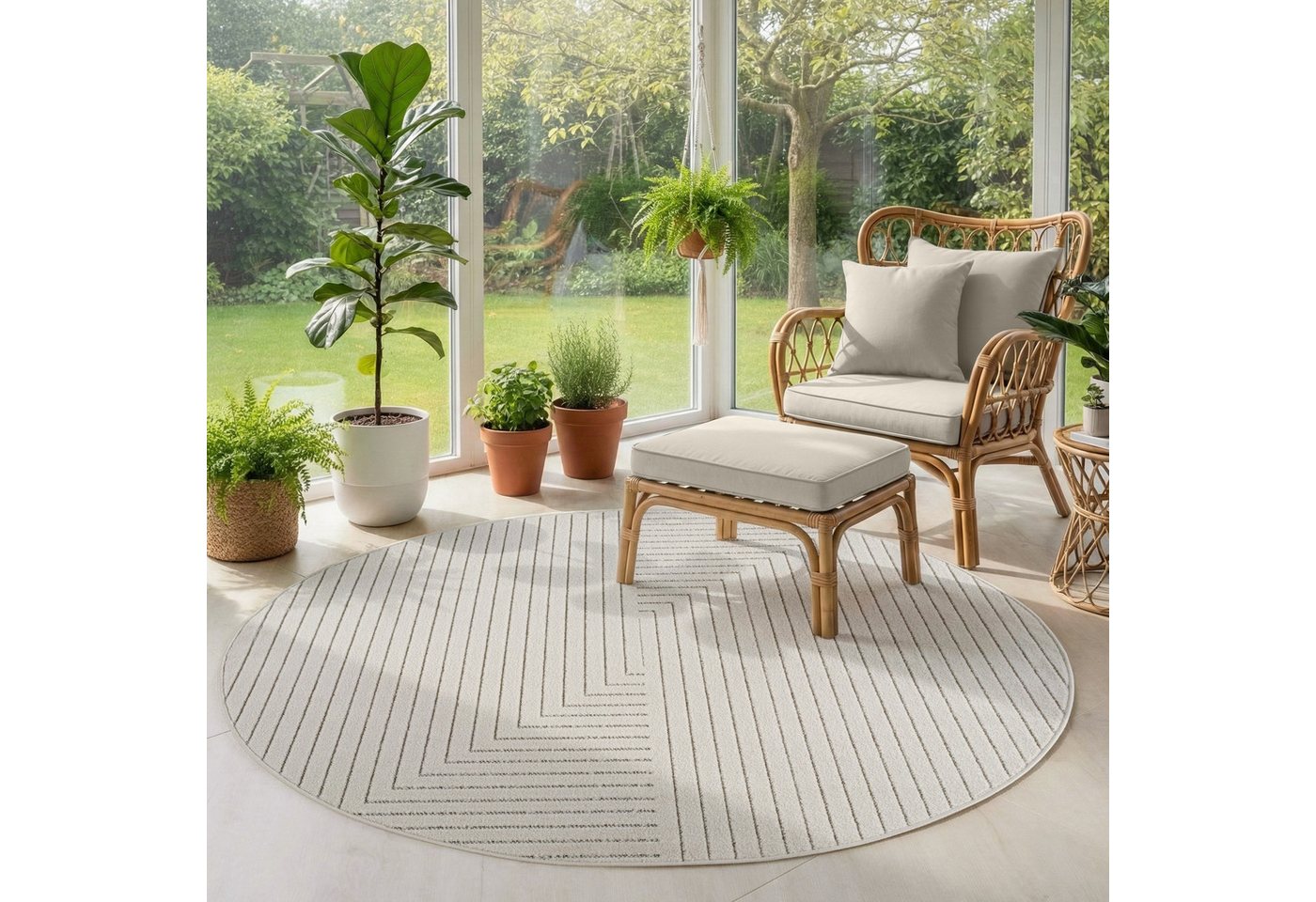 SIMPEX24 Outdoorteppich Skandinavischer 3D Design, Rund, Höhe: 5 mm, Outdoor Teppich Wetterfest Modern Wohnzimmer Küchen Terrasse Balkon – Bild 2 von 5