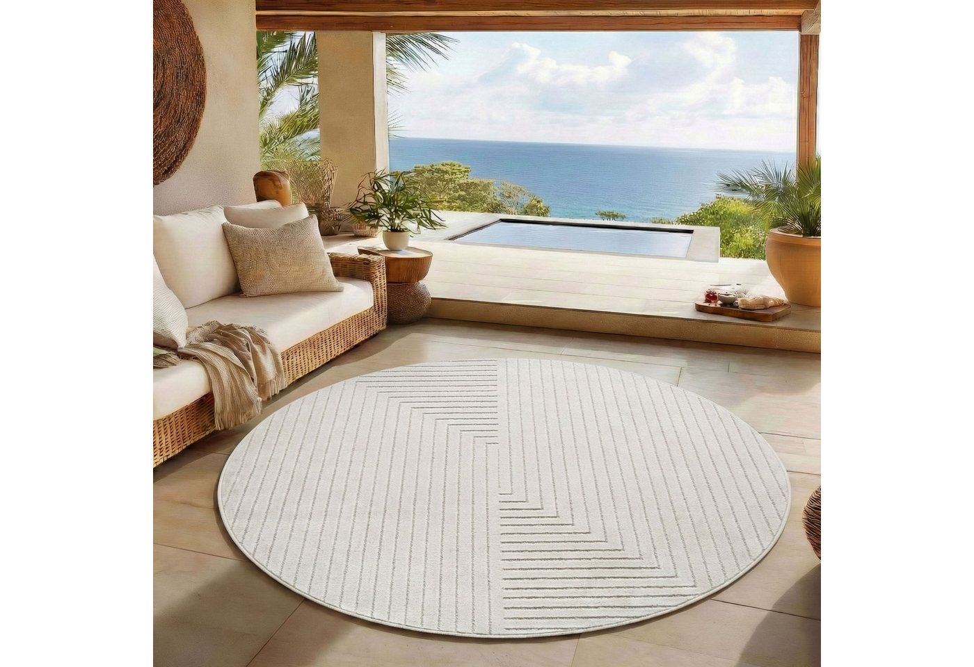 SIMPEX24 Outdoorteppich Skandinavischer 3D Design, Rund, Höhe: 5 mm, Outdoor Teppich Wetterfest Modern Wohnzimmer Küchen Terrasse Balkon – Bild 3 von 5
