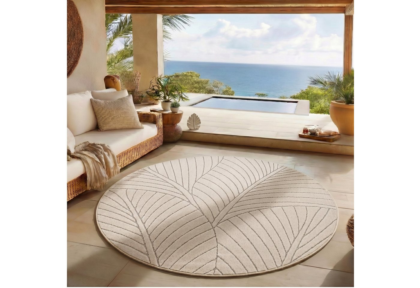 SIMPEX24 Outdoorteppich Skandinavischer 3D Design, Rund, Höhe: 5 mm, Outdoor Teppich Wetterfest Modern Wohnzimmer Küchen Terrasse Balkon – Bild 3 von 5