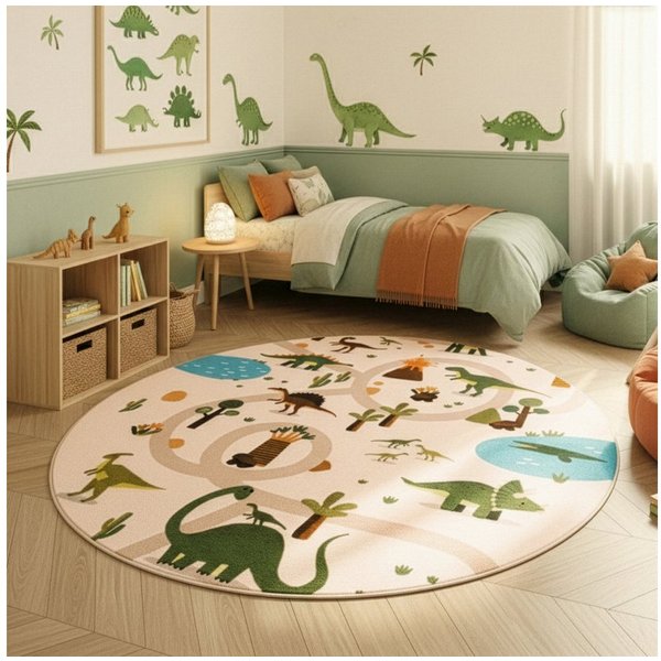 SIMPEX24 Teppich Bunte Dino Welt, Rund, Höhe: 8 mm, Teppich Kinderzimmer