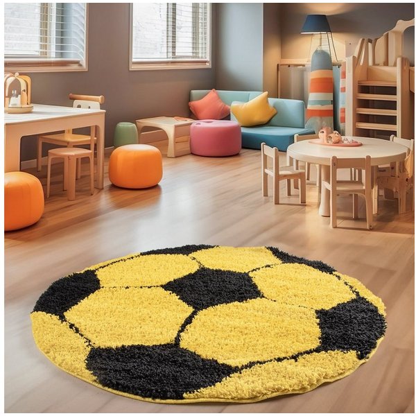 SIMPEX24 Teppich Fußball Design, Rund, Höhe: 30 mm, Kinder Teppich Fußball Form Kinderzimmer Versch. Farben und Größen