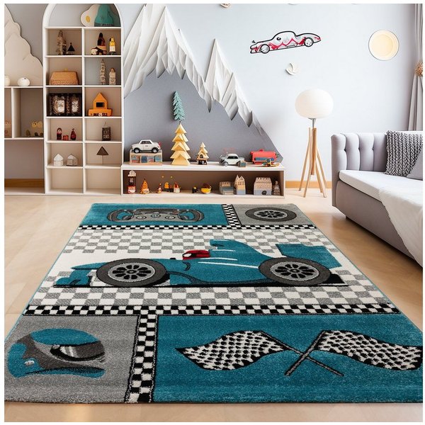 SIMPEX24 Teppich Rennwagen, Läufer, Höhe: 11 mm, Kinderteppich Rennwagen Teppich Baby Teppich Kinderzimmer Pflegeleicht