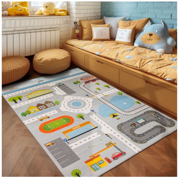 SIMPEX24 Teppich Spielstraße Design, Rechteckig, Höhe: 7 mm, Kinderteppich Straßenteppich Teppich Kinderzimmer Rutschfest Waschbar