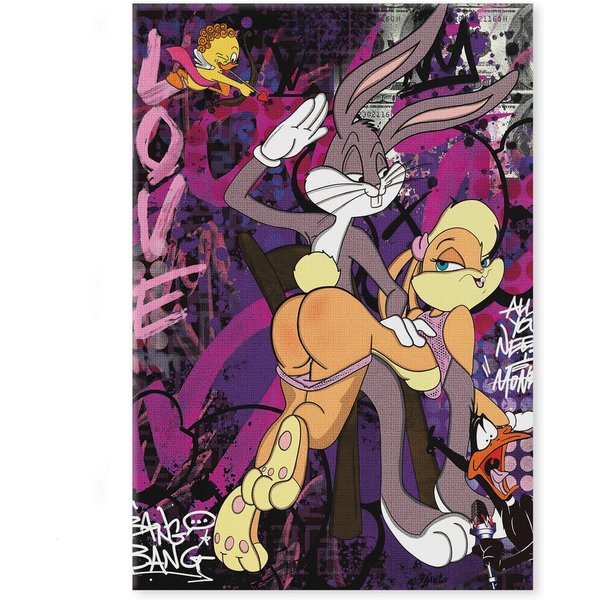 SimpleCanvas Wandbild Playing Bugs B. - Leinwandbild Pop Art, Wandbild Pop Art, Bugs Bunny, Comic