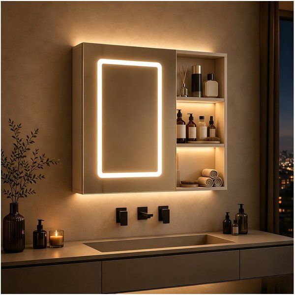 Simurq Badezimmerspiegelschrank Badspiegelschrank 60 cm, 3 Lichtfarben, Antibeschlag (Einzelartikel, 1-teilig) 3 Lichtfarben, Antibeschlag, offenes Regal