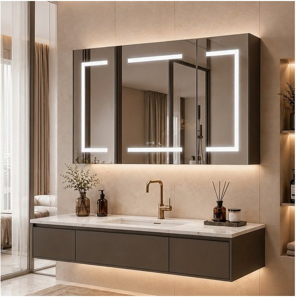 Simurq Badezimmerspiegelschrank LED-Spiegelschrank 100 × 60 cm, 3-türig, 3 Lichtfarben, Anti-Beschlag (Einzelartikel, 1-St., 1 Spiegelschrank) 3 Lichtfarben, Ti